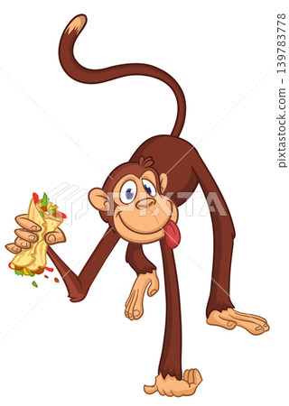 Cartoon funny monkey chimpanzee holding burger, falafel or kebab in his hands. Vector illustration of happy monkey character design isolated. Cartoon funny monkey chimpanzee holding burger, falafel or kebab in his hands. Vector illustration of happy monkey character design isolated. 139783778