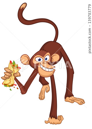 Cartoon funny monkey chimpanzee holding burger, falafel or kebab in his hands. Vector illustration of happy monkey character design isolated. Cartoon funny monkey chimpanzee holding burger, falafel or kebab in his hands. Vector illustration of happy monkey character design isolated. 139783779