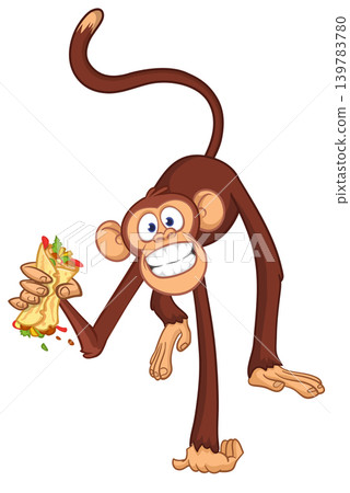 Cartoon funny monkey chimpanzee holding burger, falafel or kebab in his hands. Vector illustration of happy monkey character design isolated. 139783780