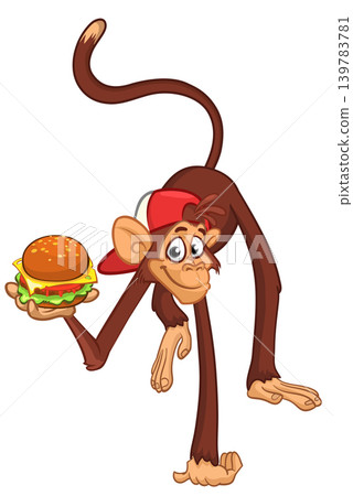 Cartoon funny monkey chimpanzee holding burger, falafel or kebab in his hands. Vector illustration of happy monkey character design isolated. Cartoon funny monkey chimpanzee holding burger, falafel or kebab in his hands. Vector illustration of happy monkey character design isolated. 139783781