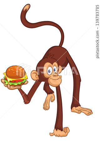 Cartoon funny monkey chimpanzee holding burger, falafel or kebab in his hands. Vector illustration of happy monkey character design isolated. Cartoon funny monkey chimpanzee holding burger, falafel or kebab in his hands. Vector illustration of happy monkey character design isolated. 139783785