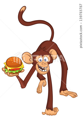 Cartoon funny monkey chimpanzee holding burger, falafel or kebab in his hands. Vector illustration of happy monkey character design isolated. Cartoon funny monkey chimpanzee holding burger, falafel or kebab in his hands. Vector illustration of happy monkey character design isolated. 139783787