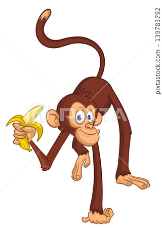 Cartoon funny brown monkey chimpanzee holding banana. Vector illustration isolated on white Cartoon funny brown monkey chimpanzee holding banana. Vector illustration isolated on white 139783792