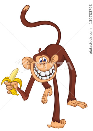 Cartoon funny brown monkey chimpanzee holding banana. Vector illustration isolated on white 139783798