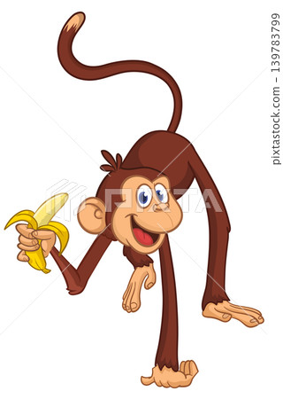 Cartoon funny brown monkey chimpanzee holding banana. Vector illustration isolated on white Cartoon funny brown monkey chimpanzee holding banana. Vector illustration isolated on white 139783799
