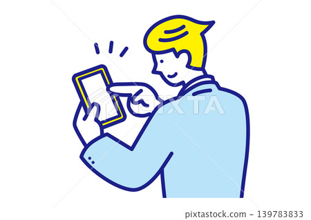 一位年輕商人觸摸智慧型手機螢幕的向量插圖。 139783833