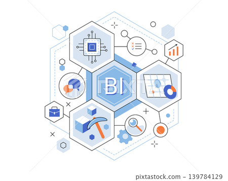 Business intelligence concept with hexagonal icons vector illustration. Data mining, analytics, strategic planning, market research, information processing, corporate growth. BI data graphic Business intelligence concept with hexagonal icons vector illustration. Data mining, analytics, strategic planning, market research, information processing, corporate growth. BI data graphic 139784129