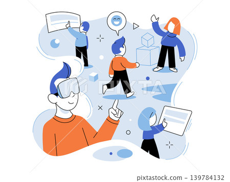 People using VR goggles in a digital metaverse vector illustration. Virtual reality, digital communication, future tech, social networking, cyberspace, immersive experience. Users with headsets People using VR goggles in a digital metaverse vector illustration. Virtual reality, digital communication, future tech, social networking, cyberspace, immersive experience. Users with headsets 139784132