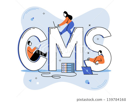 People working on large CMS letters vector illustration. Web development, digital marketing, software engineering, content strategy, database, online business. Developers with system typography People working on large CMS letters vector illustration. Web development, digital marketing, software engineering, content strategy, database, online business. Developers with system typography 139784168