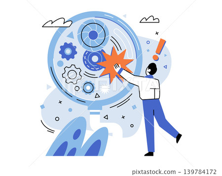 Man fixing gears in a magnifying glass vector illustration. Problem solving, technical support, business optimization, system maintenance, research, innovation. Person repairing cogs in a lens Man fixing gears in a magnifying glass vector illustration. Problem solving, technical support, business optimization, system maintenance, research, innovation. Person repairing cogs in a lens 139784172
