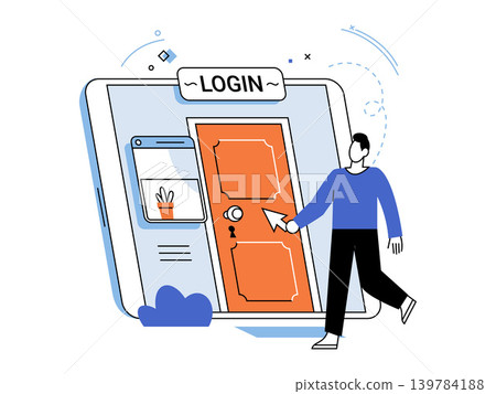 Man walking toward a door on a tablet screen vector illustration. Digital access, authentication, security, login, portal, technology. Individual entering a gateway on a mobile gadget Man walking toward a door on a tablet screen vector illustration. Digital access, authentication, security, login, portal, technology. Individual entering a gateway on a mobile gadget 139784188