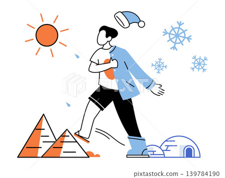 Man walking between summer and winter climates vector illustration. Climate change, seasonal travel, weather forecast, global warming, temperature contrast, adaptation. Male moving from heat to cold Man walking between summer and winter climates vector illustration. Climate change, seasonal travel, weather forecast, global warming, temperature contrast, adaptation. Male moving from heat to cold 139784190