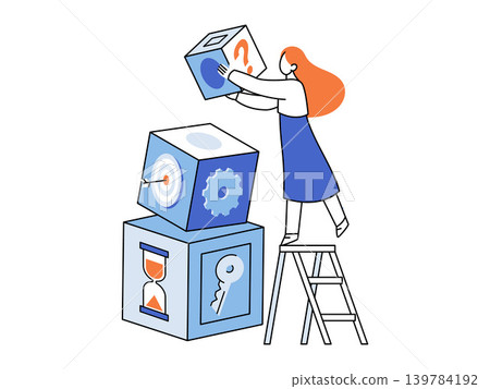Woman on ladder stacking blocks with icons vector illustration. Project management, strategy, problem solving, goal setting, time efficiency, growth. Female character arranging cubes 139784192