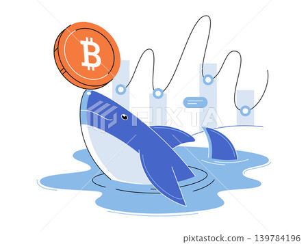Shark balancing a bitcoin coin on its nose vector illustration. Crypto whale, market manipulation, digital investment, financial growth, trading, blockchain. Marine predator with cryptocurrency Shark balancing a bitcoin coin on its nose vector illustration. Crypto whale, market manipulation, digital investment, financial growth, trading, blockchain. Marine predator with cryptocurrency 139784196