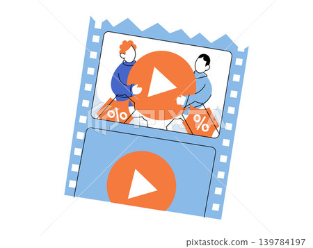 People holding a play button inside a film strip with discount tags vector illustration. Video marketing, digital ads, social media, sales, content, media. Men with a media icon in a movie frame 139784197