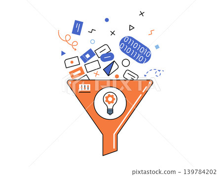 Data funnel converting icons into a lightbulb vector illustration. Big data, innovation, filtering, analysis, creativity, strategy. Information processor turning raw input into a lamp Data funnel converting icons into a lightbulb vector illustration. Big data, innovation, filtering, analysis, creativity, strategy. Information processor turning raw input into a lamp 139784202