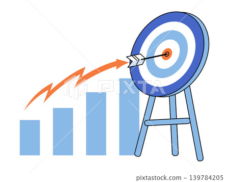 Bar chart with arrow hitting bullseye target vector illustration. Business growth, marketing strategy, success, goal achievement, performance, data analysis. Statistical graph with dart striking mark Bar chart with arrow hitting bullseye target vector illustration. Business growth, marketing strategy, success, goal achievement, performance, data analysis. Statistical graph with dart striking mark 139784205
