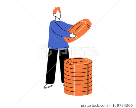 Man holding a large coin over a stack of money vector illustration. Financial planning, investment growth, banking, wealth management, budget, economy. Male character placing currency on a pile Man holding a large coin over a stack of money vector illustration. Financial planning, investment growth, banking, wealth management, budget, economy. Male character placing currency on a pile 139784206