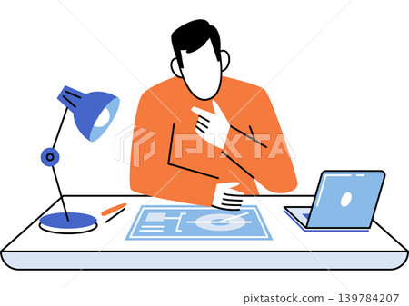 Man at desk studying blueprint vector illustration. Architecture planning, engineering project, remote work, creative design, education, office workflow. Professional analyzing technical drawing 139784207