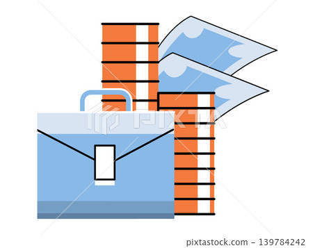 Briefcase with stacks of coins and banknotes vector illustration. Financial growth, business investment, banking, wealth, budget, capital. Portfolio with money and cash 139784242
