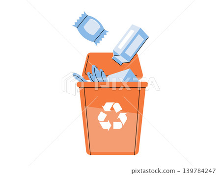 Orange recycling bin with plastic bottle and snack wrapper vector illustration. Waste management, plastic pollution, eco lifestyle, sorting garbage, sustainability, ecology. Trash can with litter Orange recycling bin with plastic bottle and snack wrapper vector illustration. Waste management, plastic pollution, eco lifestyle, sorting garbage, sustainability, ecology. Trash can with litter 139784247
