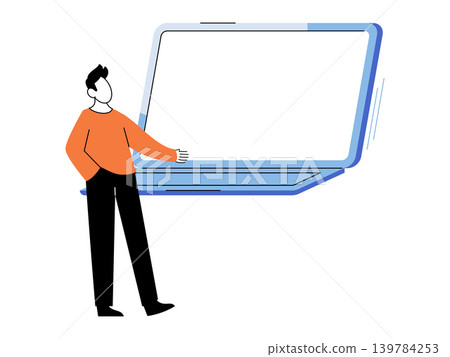 Man standing next to a large laptop vector illustration. Online education, remote work, digital marketing, software demo, web design, virtual meeting. Male character gesturing toward a notebook 139784253