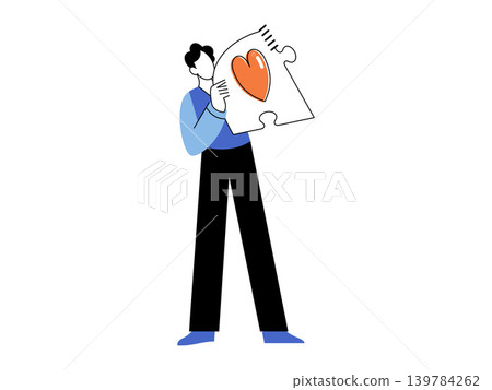 Man holding a puzzle piece with a heart icon vector illustration. Mental health, charity, finding love, emotional support, psychology, relationship. Male character carrying a jigsaw part Man holding a puzzle piece with a heart icon vector illustration. Mental health, charity, finding love, emotional support, psychology, relationship. Male character carrying a jigsaw part 139784262