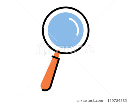 Magnifying glass with a blue lens and orange handle vector illustration. Search engine optimization, data analysis, detective work, research, discovery, finding. Handheld loupe tool for zooming Magnifying glass with a blue lens and orange handle vector illustration. Search engine optimization, data analysis, detective work, research, discovery, finding. Handheld loupe tool for zooming 139784283