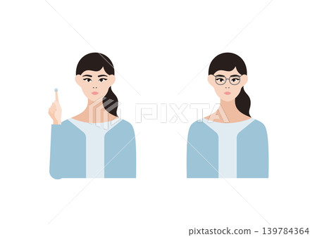 Vector illustration set of a woman wearing contact lenses and glasses. Vector illustration set of a woman wearing contact lenses and glasses. 139784364
