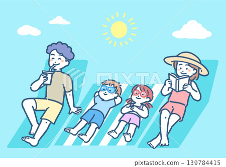 A family of four in swimsuits taking a break under the blue sky. A family of four in swimsuits taking a break under the blue sky. 139784415