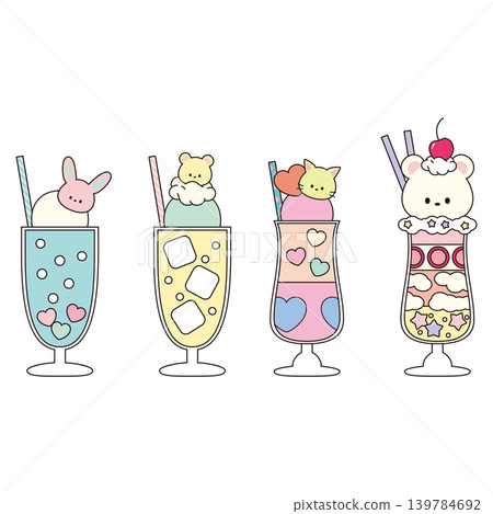 A set of illustrations of parfaits and sodas with animal motifs. A set of illustrations of parfaits and sodas with animal motifs. 139784692
