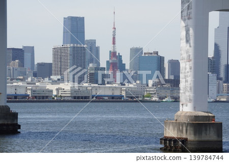 Tokyo Tower and the buildings of Minato Ward as seen over the piers of the Rainbow Bridge. Tokyo Tower and the buildings of Minato Ward as seen over the piers of the Rainbow Bridge. 139784744