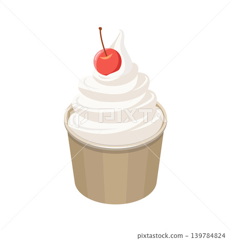 An illustration of a cup of vanilla soft serve ice cream topped with a cherry. An illustration of a cup of vanilla soft serve ice cream topped with a cherry. 139784824