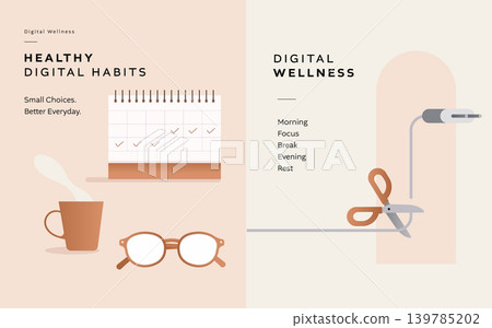 Healthy Digital Habits Content Cover Illustration Glasses Desk Calendar Scissors Cutting Connection Design 139785202