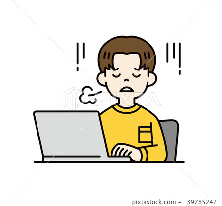 Vector illustration of the upper body of a young man (university student/high school student) sitting in front of a computer and sighing. Vector illustration of the upper body of a young man (university student/high school student) sitting in front of a computer and sighing. 139785242