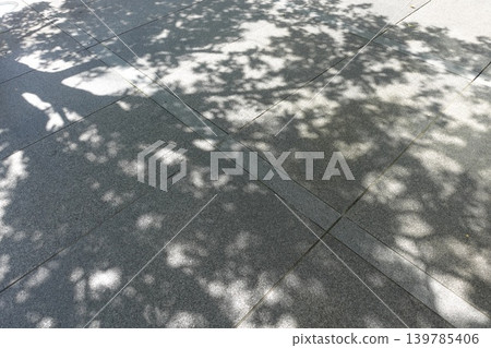 Background image of dappled sunlight and leaf shadows stretching diagonally across granite pavement. Background image of dappled sunlight and leaf shadows stretching diagonally across granite pavement. 139785406