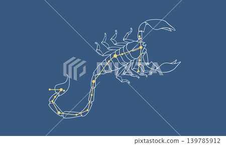 An illustration of the constellation Scorpio (a scorpion drawn with white lines and gold constellation lines) against a navy blue background. 139785912
