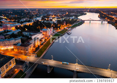 Aerial view of Tver on Volga with illuminated embankment in summer twilight 139785917