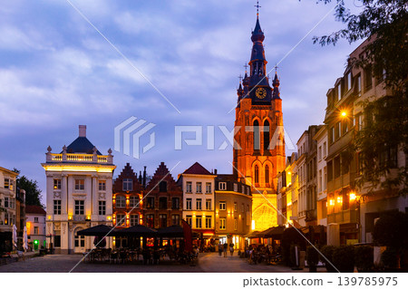 Evening central Grote Markt square with a view of the bell tower of St. Martin's Church in Kortrijk, Belgium 139785975