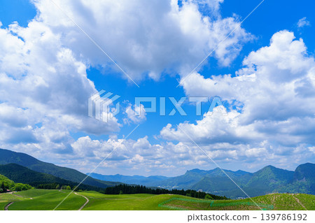 Early summer in Soni Plateau: A view of the plateau from the middle of the hiking trail leading to Kameyama Pass, with the distant mountain range and the sky stretching above (Part 3) Early summer in Soni Plateau: A view of the plateau from the middle of the hiking trail leading to Kameyama Pass, with the distant mountain range and the sky stretching above (Part 3) 139786192