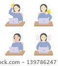 An illustration of a woman suffering from menopausal symptoms at work (joint pain, headache, irritability, hot flashes). 139786247
