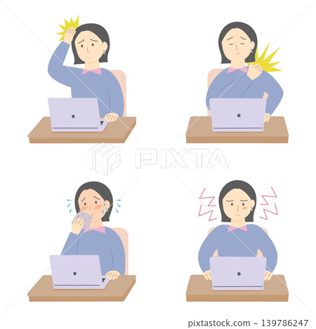 插圖描繪了一位女性在工作中遭受更年期症狀（關節疼痛、頭痛、易怒、潮熱）的情景。 139786247