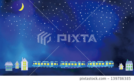 A charming watercolor-style night view of a starry sky, moon, train, and houses (16:9 aspect ratio) A charming watercolor-style night view of a starry sky, moon, train, and houses (16:9 aspect ratio) 139786385