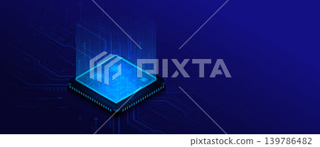 Futuristic isometric microchip vector illustration with binary code and copy space. Futuristic isometric microchip vector illustration with binary code and copy space. 139786482