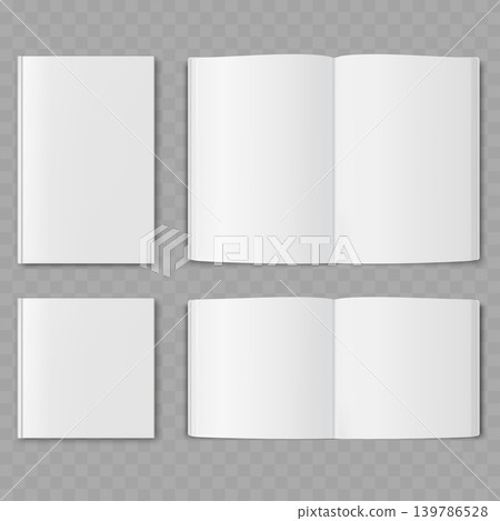 Realistic Blank Magazine Mockup Set. Vector Top View Open and Closed Brochure or Catalog Templates. Realistic Blank Magazine Mockup Set. Vector Top View Open and Closed Brochure or Catalog Templates. 139786528
