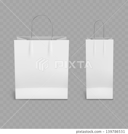 Realistic White Paper Shopping Bag Mockup Set. Vector Blank Horizontal Retail Packaging Templates with Handles. Realistic White Paper Shopping Bag Mockup Set. Vector Blank Horizontal Retail Packaging Templates with Handles. 139786531