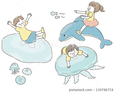 一組描繪兒童與海洋生物玩耍的插圖。 一組描繪兒童與海洋生物玩耍的插圖。 139786719