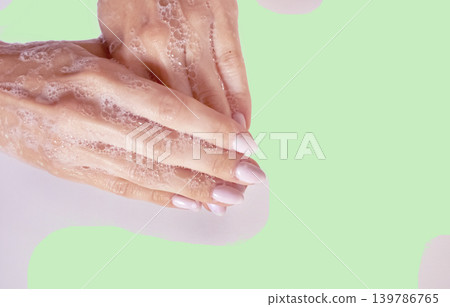 Hands in foam, Hands in soap. Creative background. Hand washing. Foam for washing. 139786765