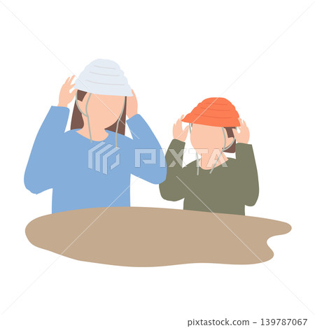 An illustration of a parent and child wearing disaster prevention helmets as part of disaster prevention education. An illustration of a parent and child wearing disaster prevention helmets as part of disaster prevention education. 139787067