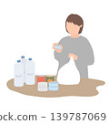 An illustration of a woman checking emergency food supplies as part of her disaster preparedness. 139787069